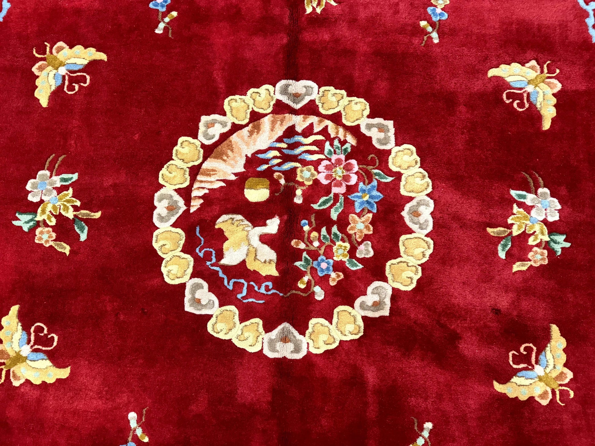 Indo Chinese Wool Rug 9x12, Red Art Deco Carpet, Vintage - Nuvé