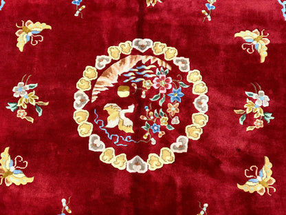 Indo Chinese Wool Rug 9x12, Red Art Deco Carpet, Vintage - Nuvé