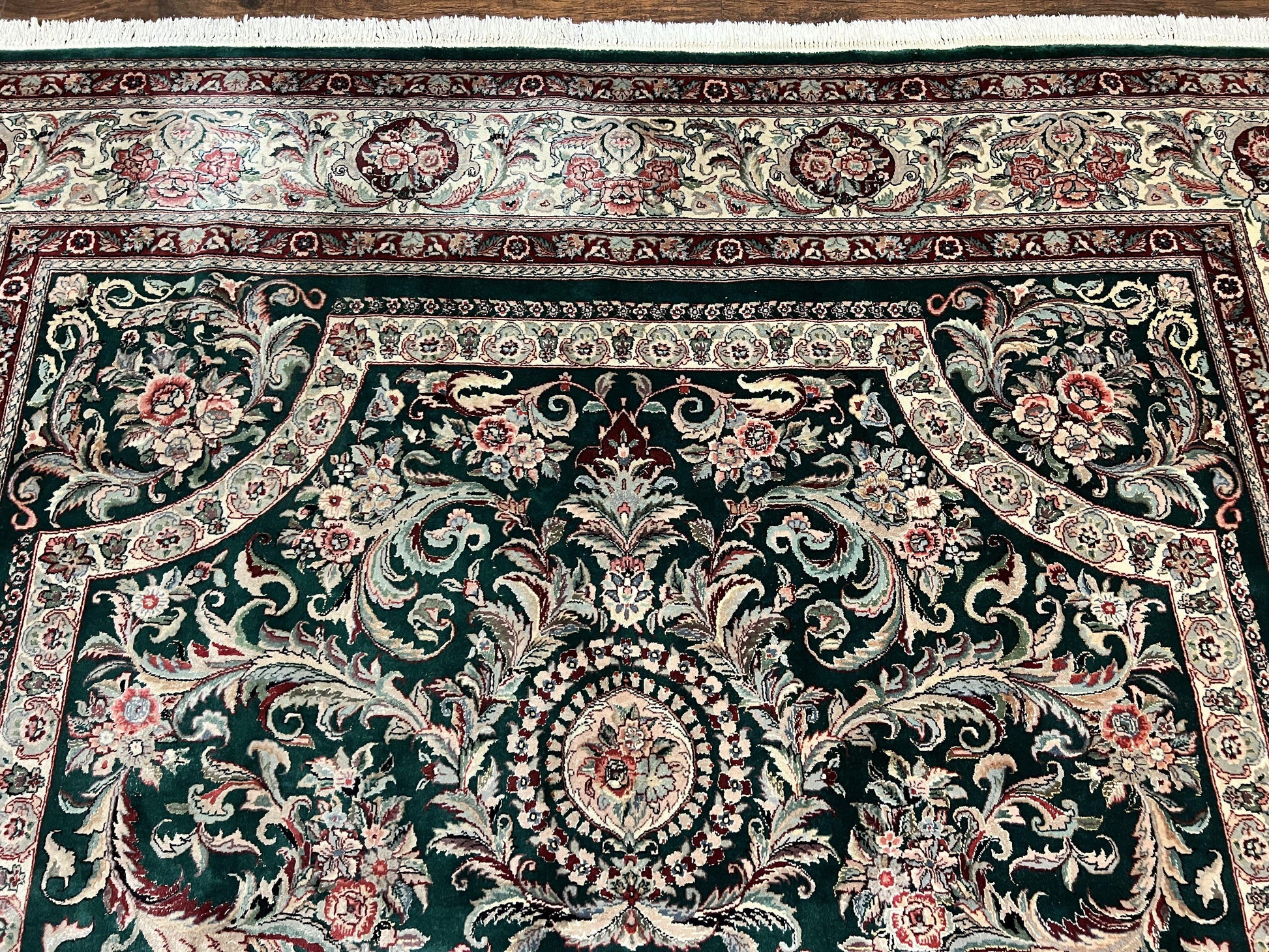 Pak Persian Rug 9x12, Dark Green and Cream, Floral Medallion, Elegant Handmade Wool Carpet 9 x 12 - Nuvé