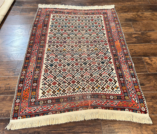 Antique Caucasian Rug 4x5, Hand Knotted Handmade Shirvan Oriental Carpet, Ivory Red Rug Allover Pattern, Rare Wool Rug, Tribal Geometric Rug - Nuvé