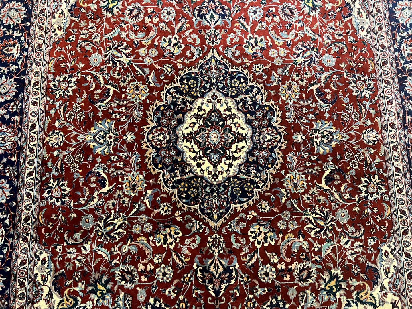 Fine Sino Persian Rug 7x10 ft, Floral Central Medallion Oriental Carpet, Red Navy Blue Cream, Hand Knotted Wool Traditional Vintage Rug - Nuvé