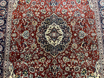 Fine Sino Persian Rug 7x10 ft, Floral Central Medallion Oriental Carpet, Red Navy Blue Cream, Hand Knotted Wool Traditional Vintage Rug - Nuvé