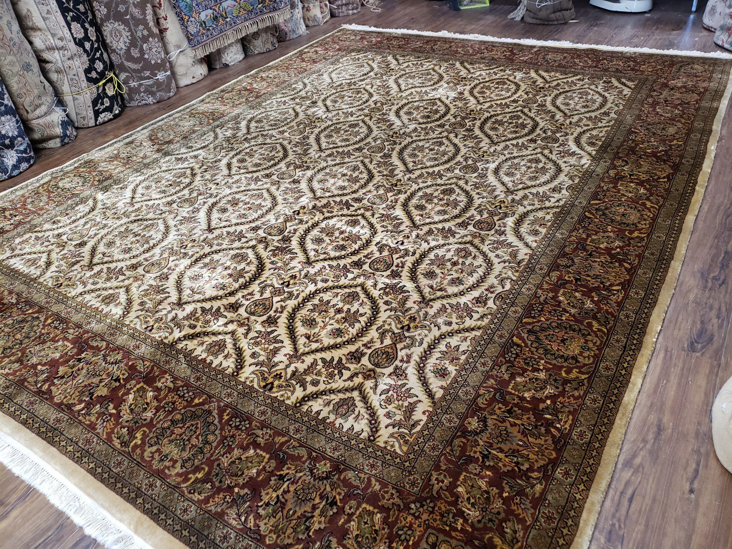 Vintage Indo Persian Area Rug 9x12, Wool Hand-Knotted Ivory & Dark Red Oriental Carpet, Fine Weave 9 x 12 Indian Rug, Dining Room Rug - Nuvé