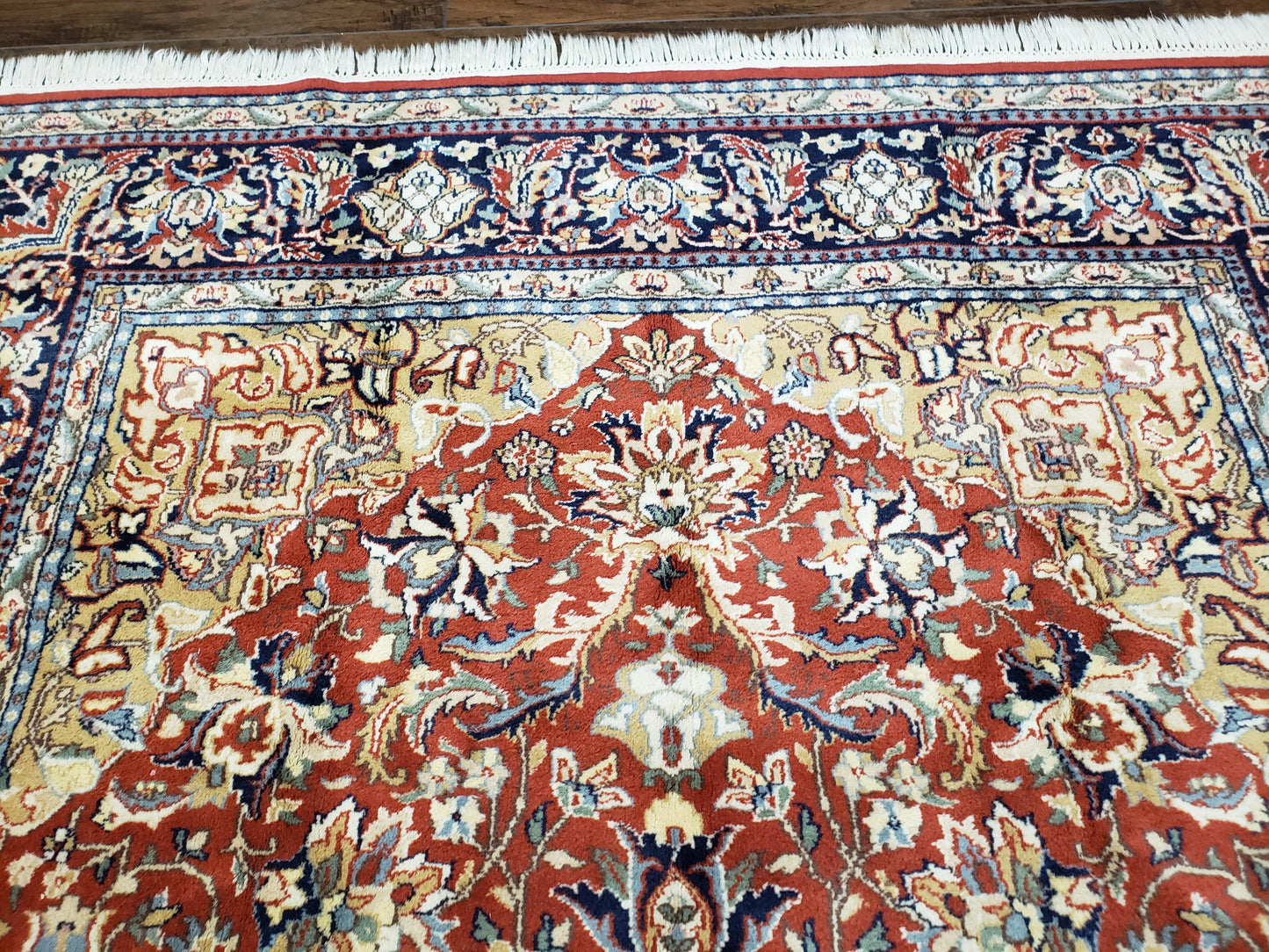 Vintage Indo Persian Oriental Rug 6 x 9.6, Wool Hand-Knotted Red Dark Blue & Gold Indian Carpet, 6 x 9 Office Room Rug, Floral Medallion - Nuvé