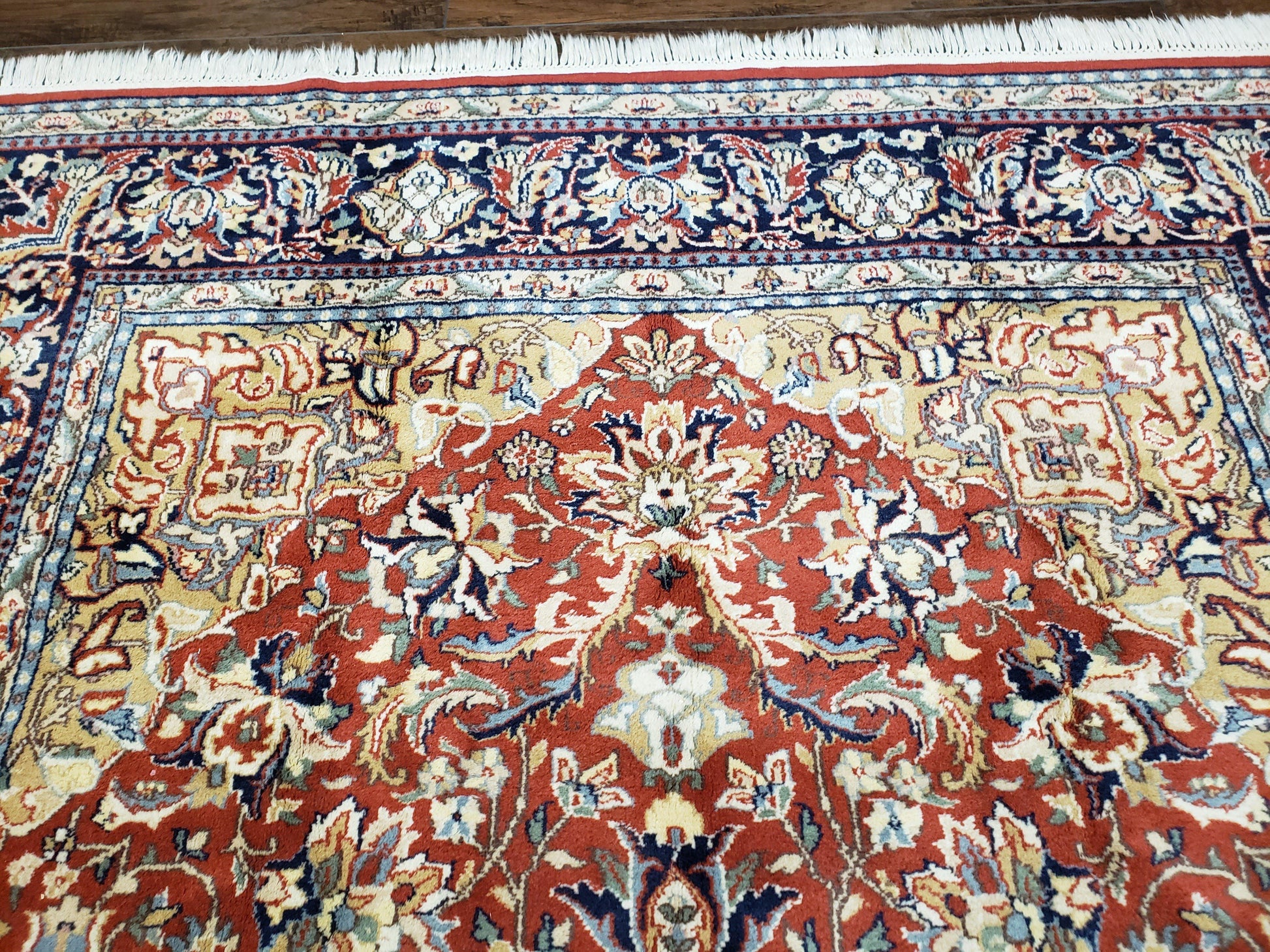 Vintage Indo Persian Oriental Rug 6 x 9.6, Wool Hand-Knotted Red Dark Blue & Gold Indian Carpet, 6 x 9 Office Room Rug, Floral Medallion - Nuvé