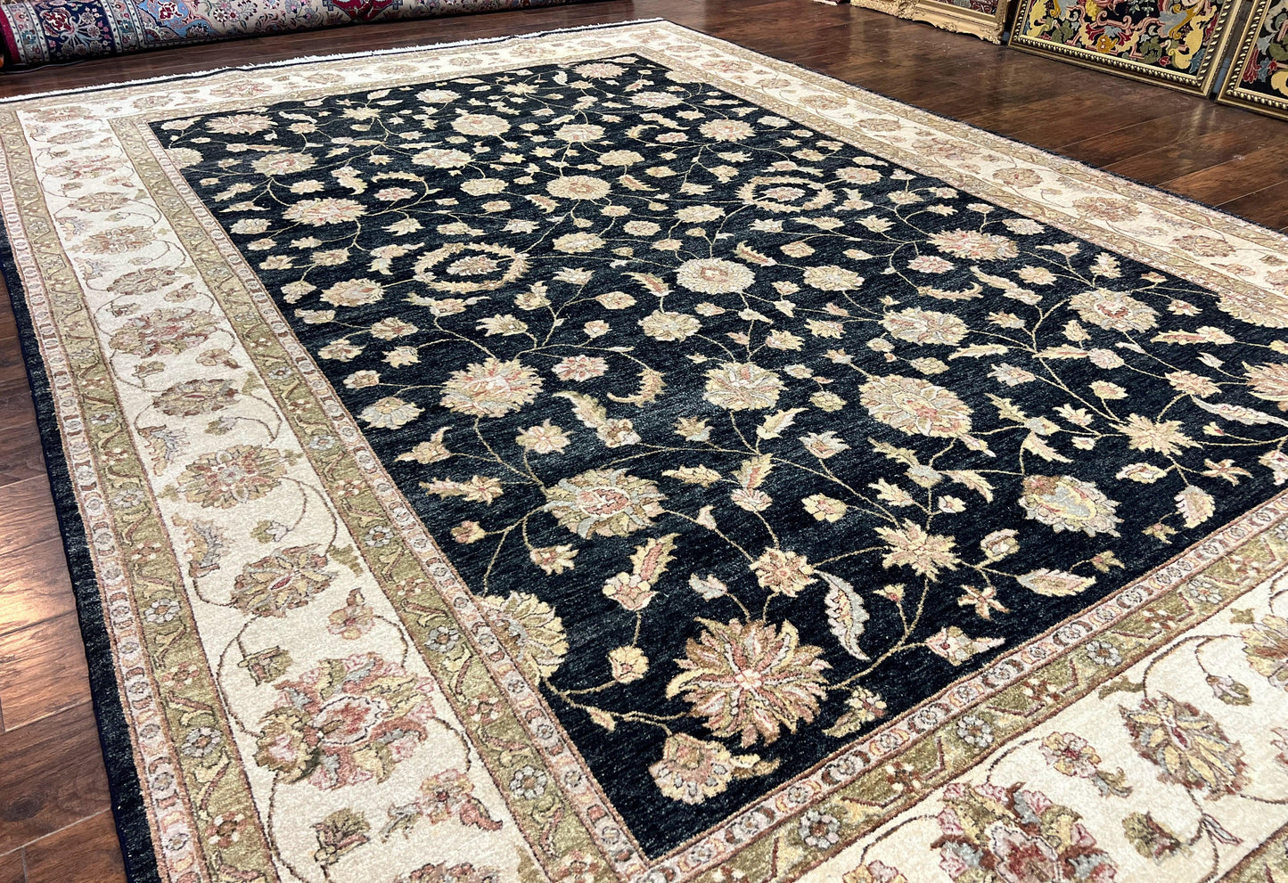 Indo Persian Rug 10x14, Charcoal and Beige, Floral Allover, Handmade Vintage Wool Carpet - Nuvé