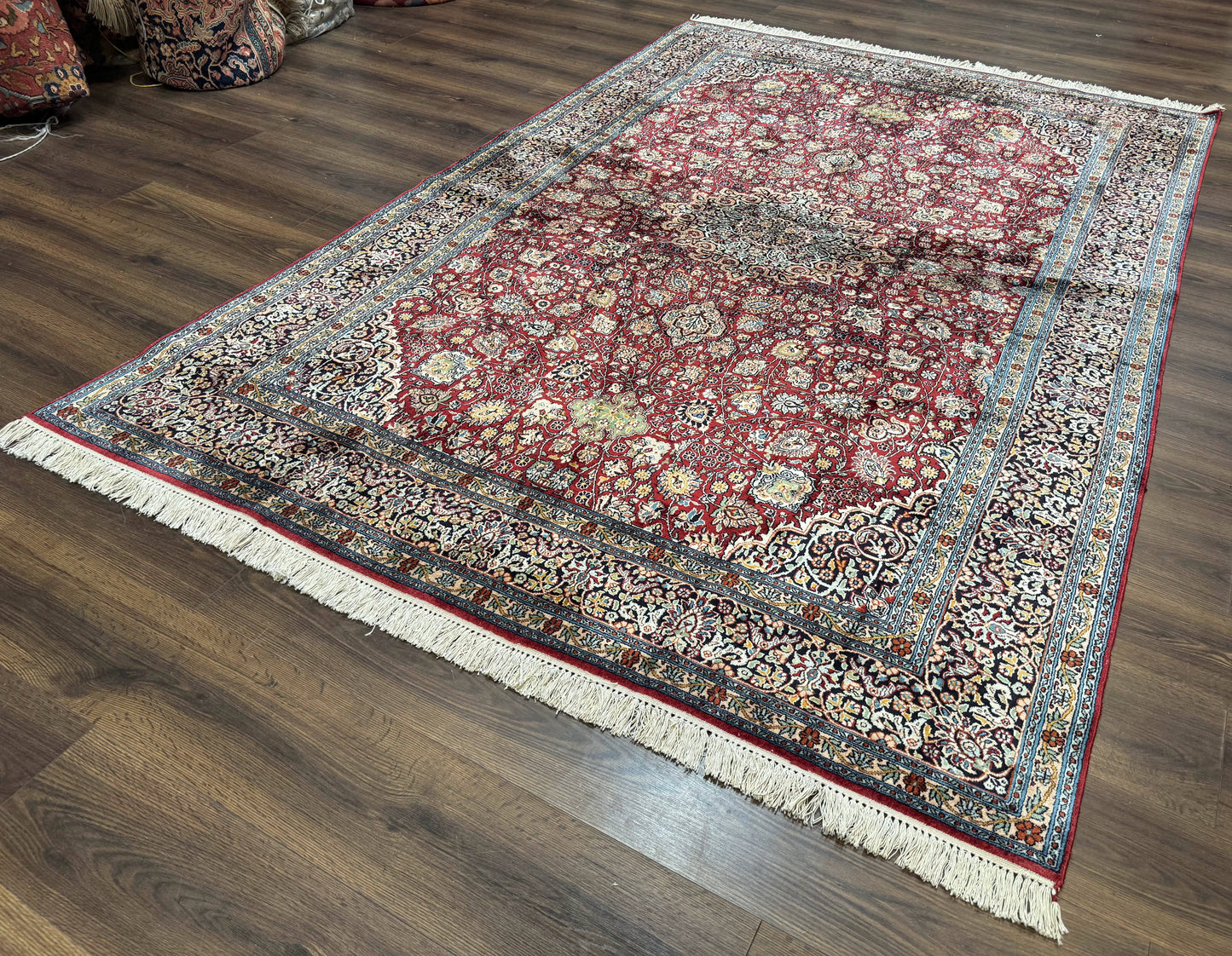 Indian Kashmiri Silk Rug 6x9, Red and Navy Blue, Floral Medallion, Fine 275 KPSI - Nuvé