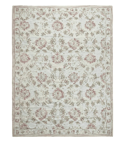 9x12 Flatweave Aubusson Needlepoint Rug, New, Beige, Tan, Green, Handmade, Hand-Knotted Area Rug, French European Carpet, Flowers