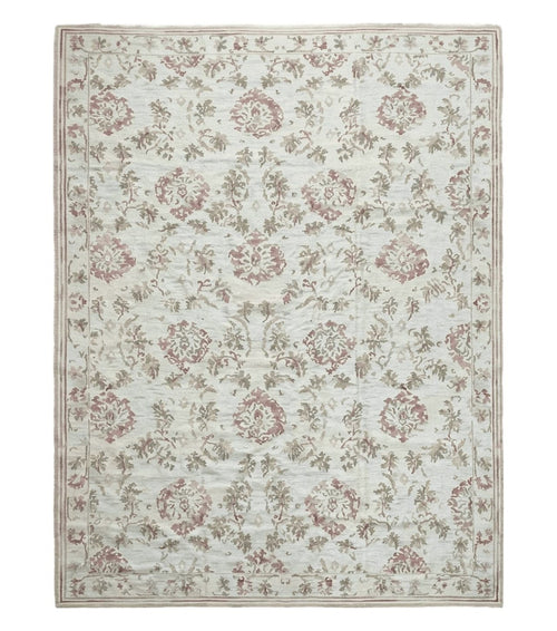 9x12 Flatweave Aubusson Needlepoint Rug, New, Beige, Tan, Green, Handmade, Hand-Knotted Area Rug, French European Carpet, Flowers