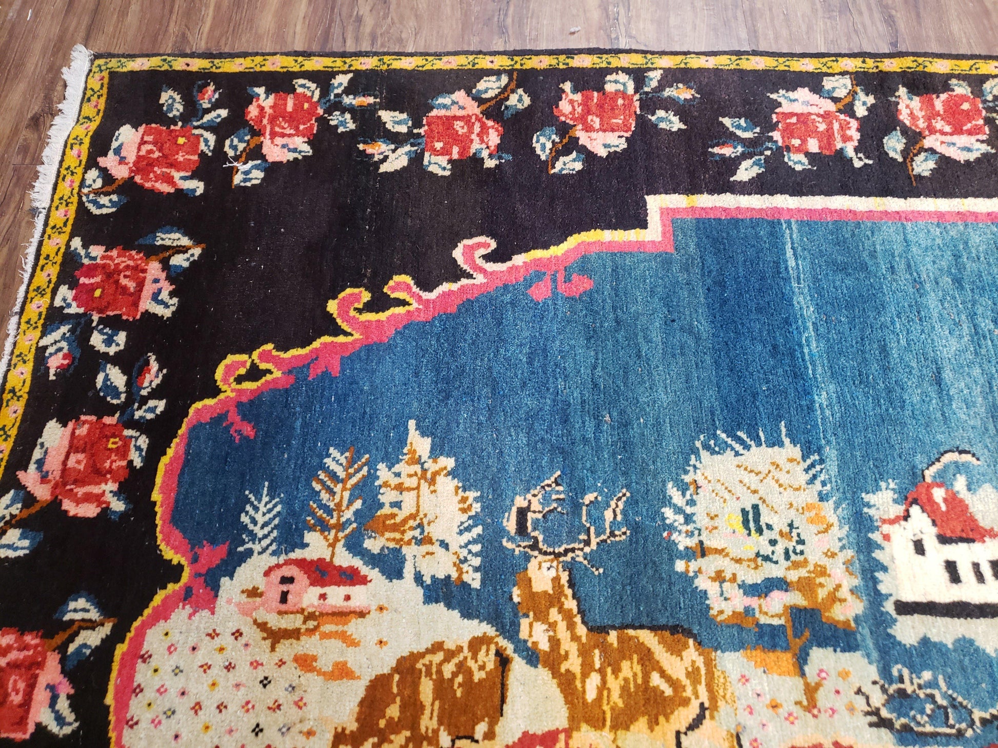 Antique Persian Pictorial Rug 4'6" x 9', Wool Hand-Knotted Blue Roses Karabagh Caucasian Carpet, 1920s Girl Deer Tapestry Wall Hanging Rug - Nuvé