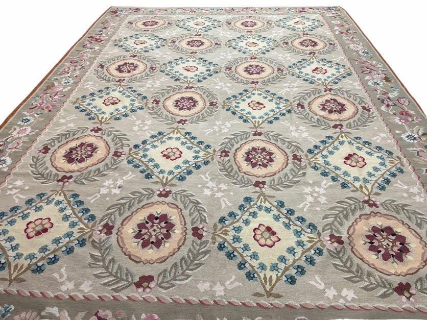 9x13 Needlepoint Carpet, French Design Rug, Hand-Knotted, Brand New Needlepoint Rug 9 x 13, English French European Style, Beige Floral - Nuvé