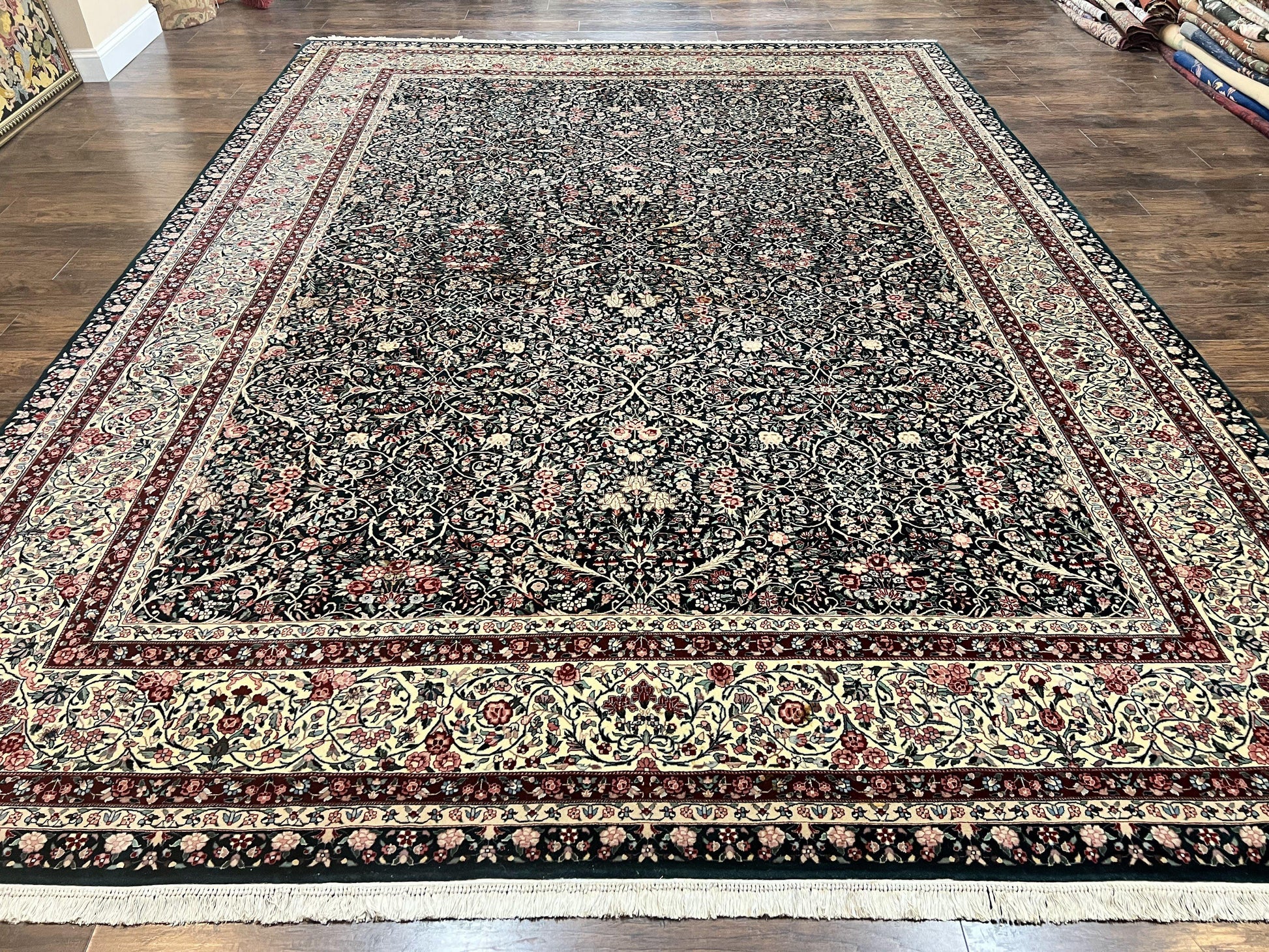 Large Sino Persian Rug 10x14, Wool Hand Knotted Vintage Carpet, Dark Green & Beige, Kirman Floral Rug, Fine Weave, Traditional, Large - Nuvé