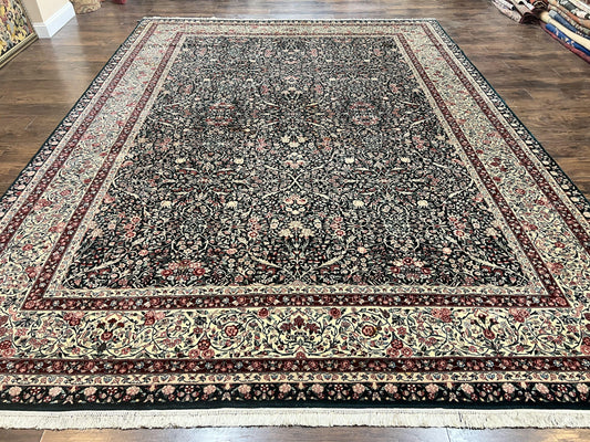 Large Sino Persian Rug 10x14, Wool Hand Knotted Vintage Carpet, Dark Green & Beige, Kirman Floral Rug, Fine Weave, Traditional, Large - Nuvé