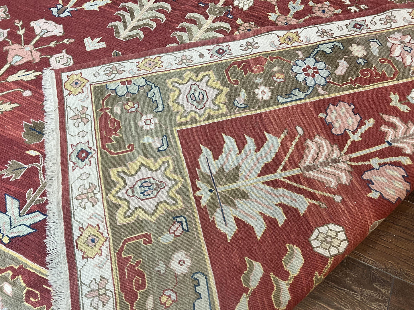 Indian Rug 10x14, Wool Hand Knotted Flatweave Carpet, Tree of Life, Red and Green - Nuvé