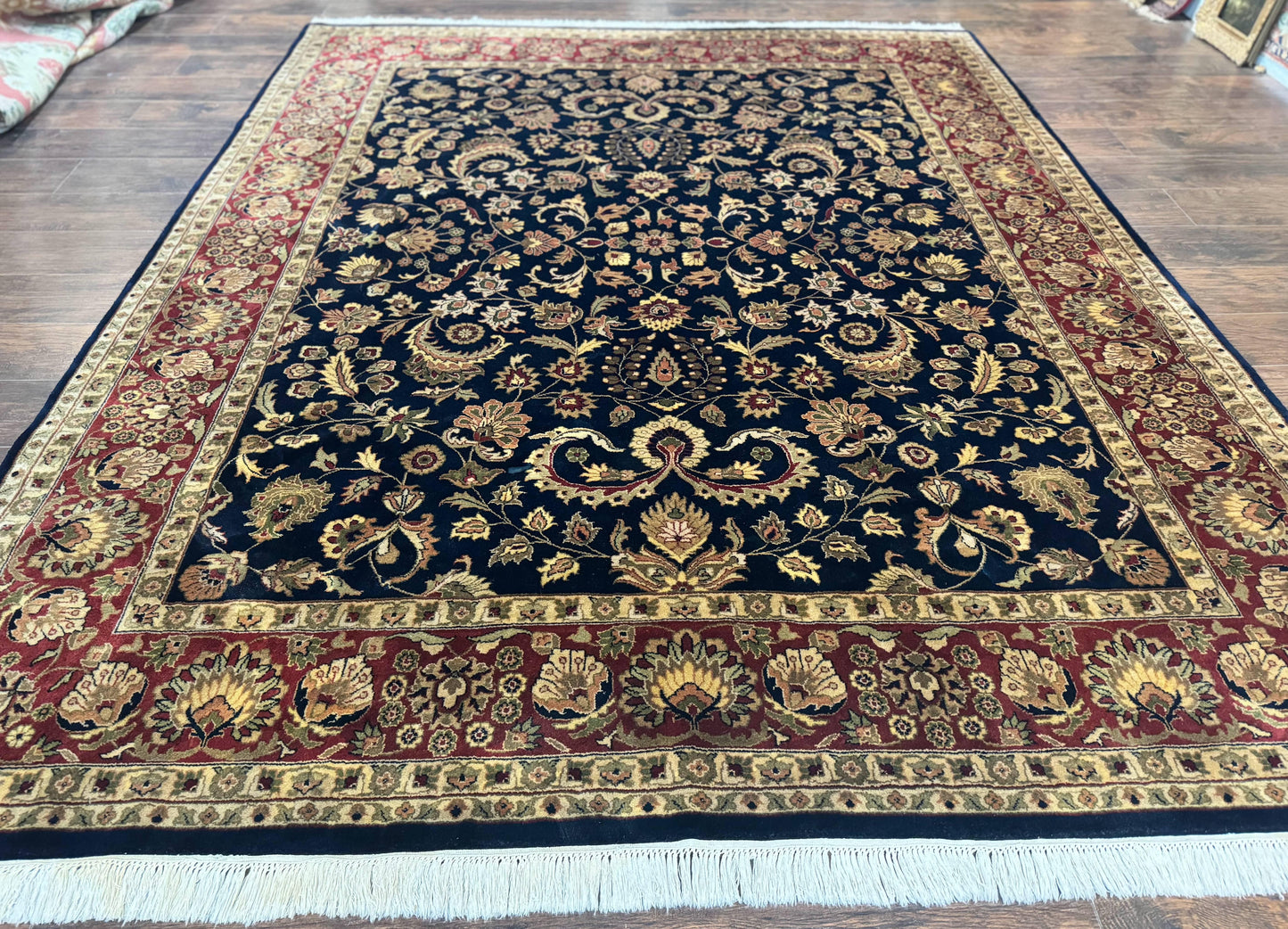 Indo Persian Rug 8x10, Navy Blue and Red, Floral Allover, Hand Knotted Vintage Wool Carpet, Indo Sarouk - Nuvé
