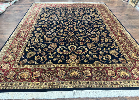 Indo Persian Rug 8x10, Navy Blue and Red, Floral Allover, Hand Knotted Vintage Wool Carpet, Indo Sarouk - Nuvé