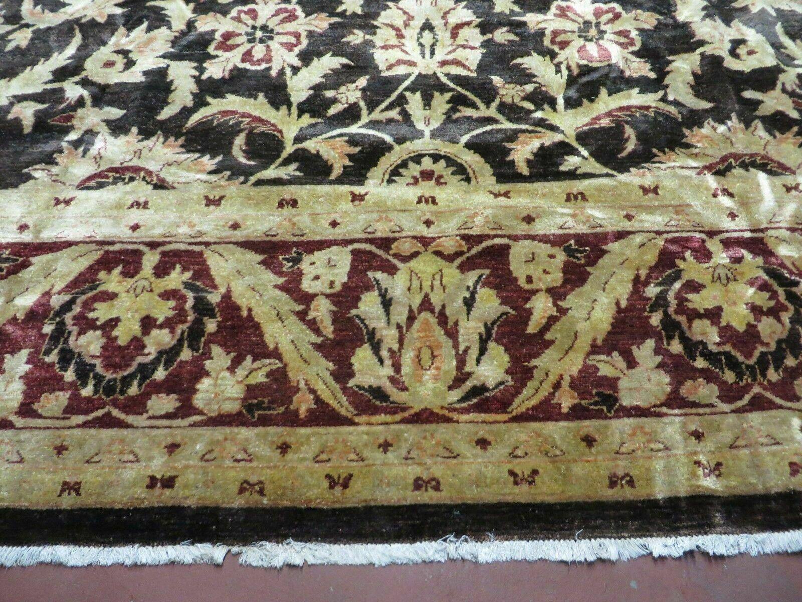 11' X 15' Vintage Hand Knotted Indian Agra Wool Rug Hand Made Dark Brown Floral - Nuvé
