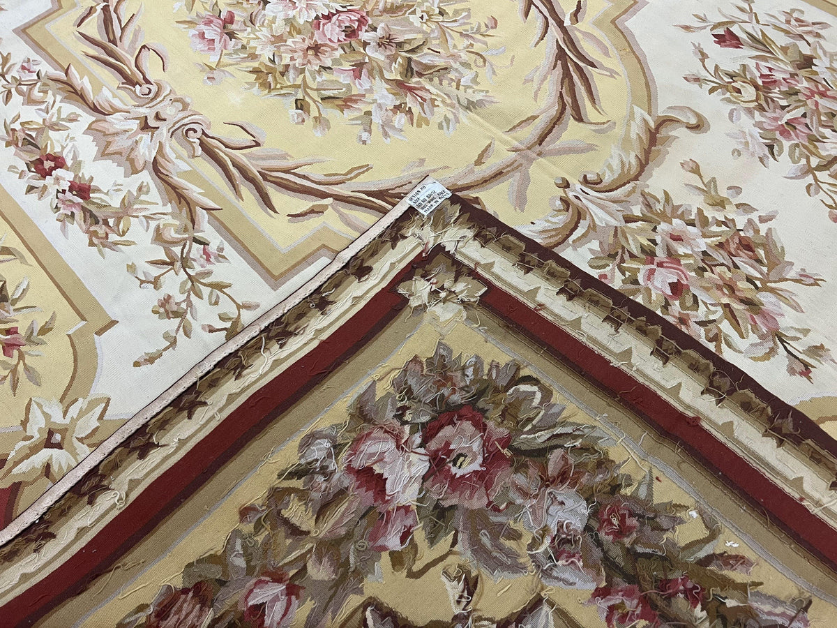Aubusson Rug 9x12, Elegant Flatweave Savonnerie Carpet 9 x 12 ft, Ivory Light Yellow Red, Handmade Wool Flatweave French European Rug