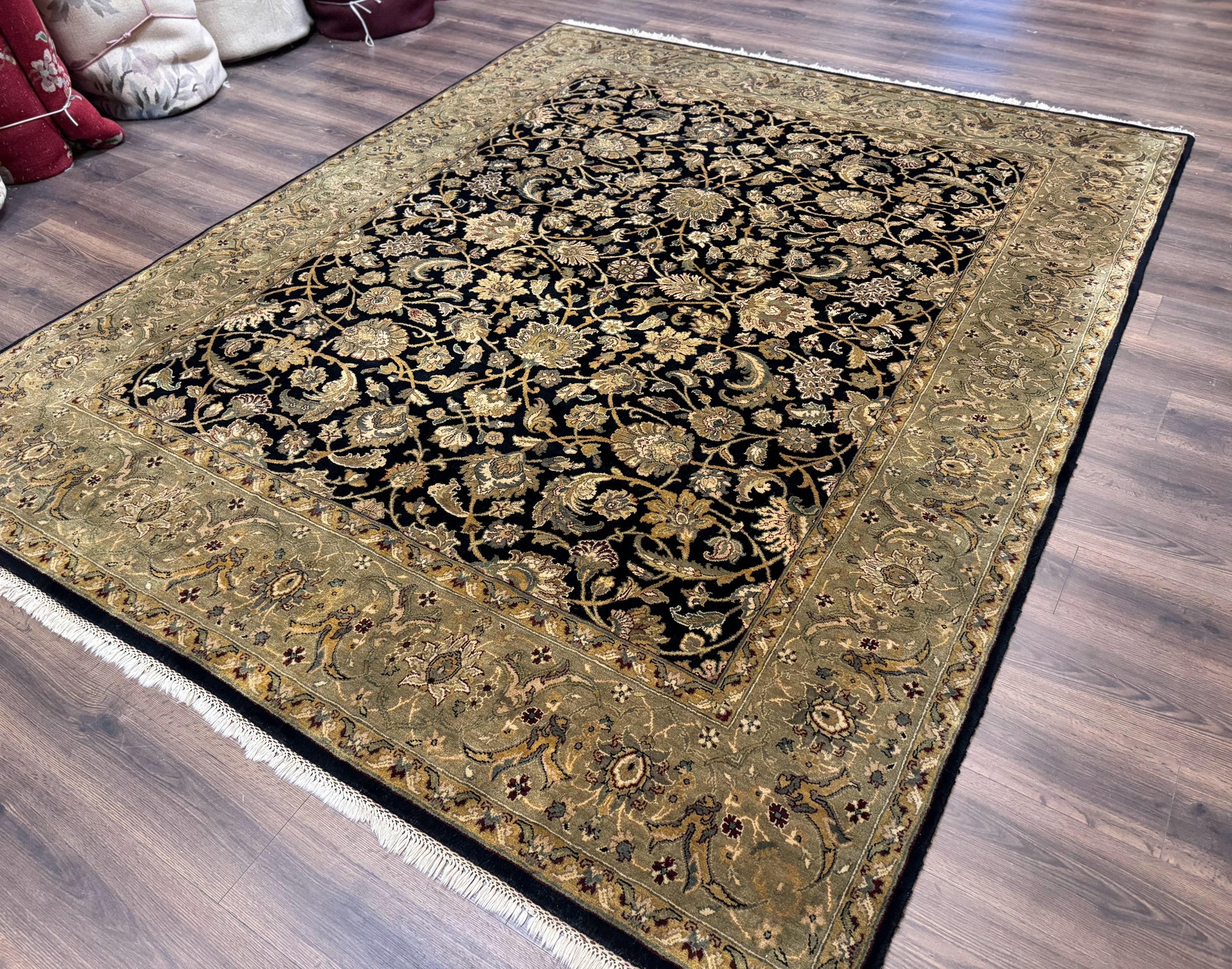 Indo Persian Rug 8x10, Black and Green, Wool, Handmade, Traditional, Floral Allover, Vintage - Nuvé