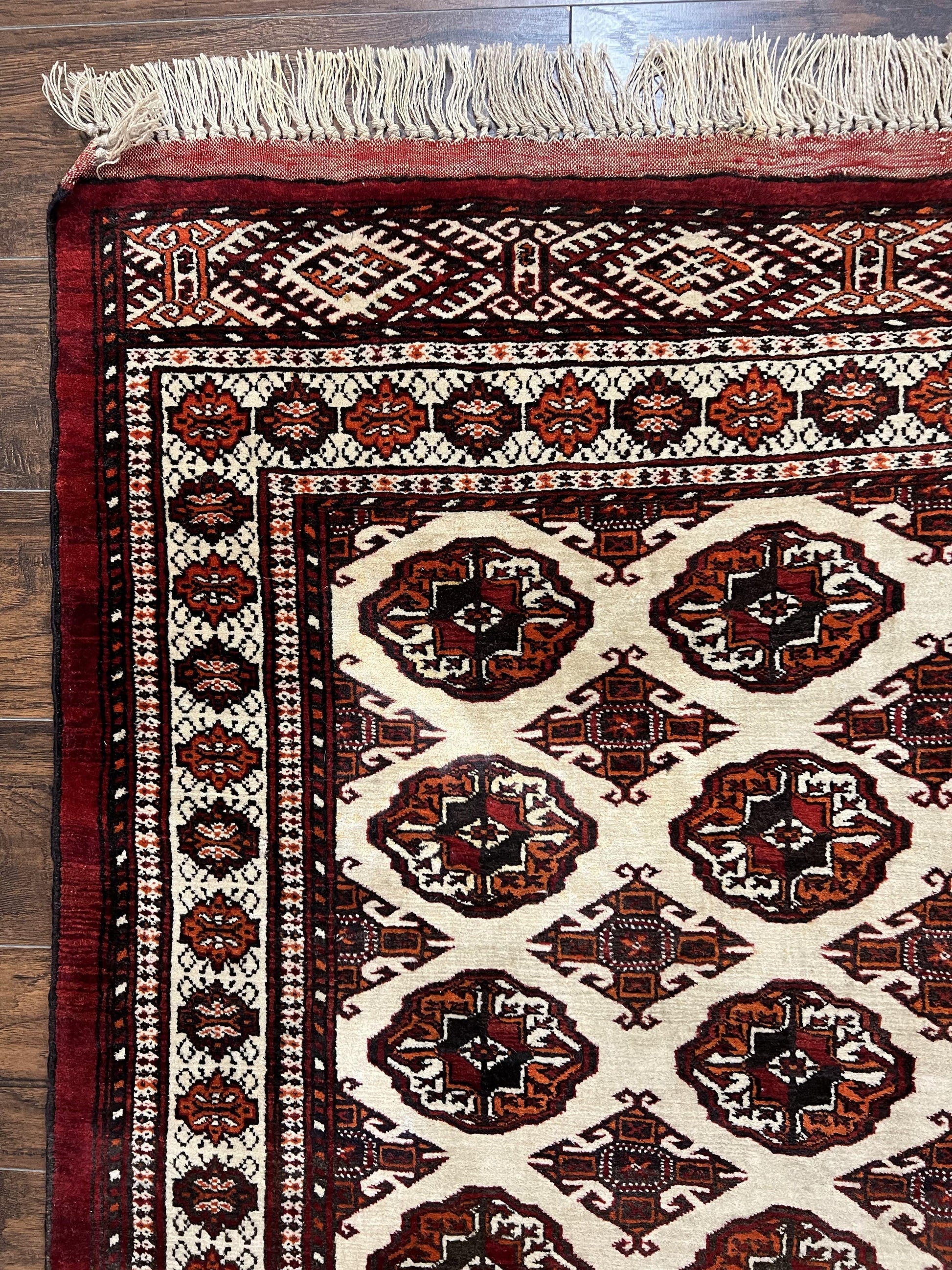 Persian Turkoman Rug 7x8, Almost Square Rare, Hand Knotted, Yamud, Bohemian Rug, Handmade Tribal Rug, Cream Red, Handmade Oriental Carpet - Nuvé