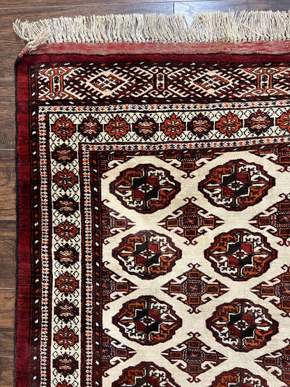 Persian Turkoman Rug 7x8, Almost Square Rare, Hand Knotted, Yamud, Bohemian Rug, Handmade Tribal Rug, Cream Red, Handmade Oriental Carpet - Nuvé
