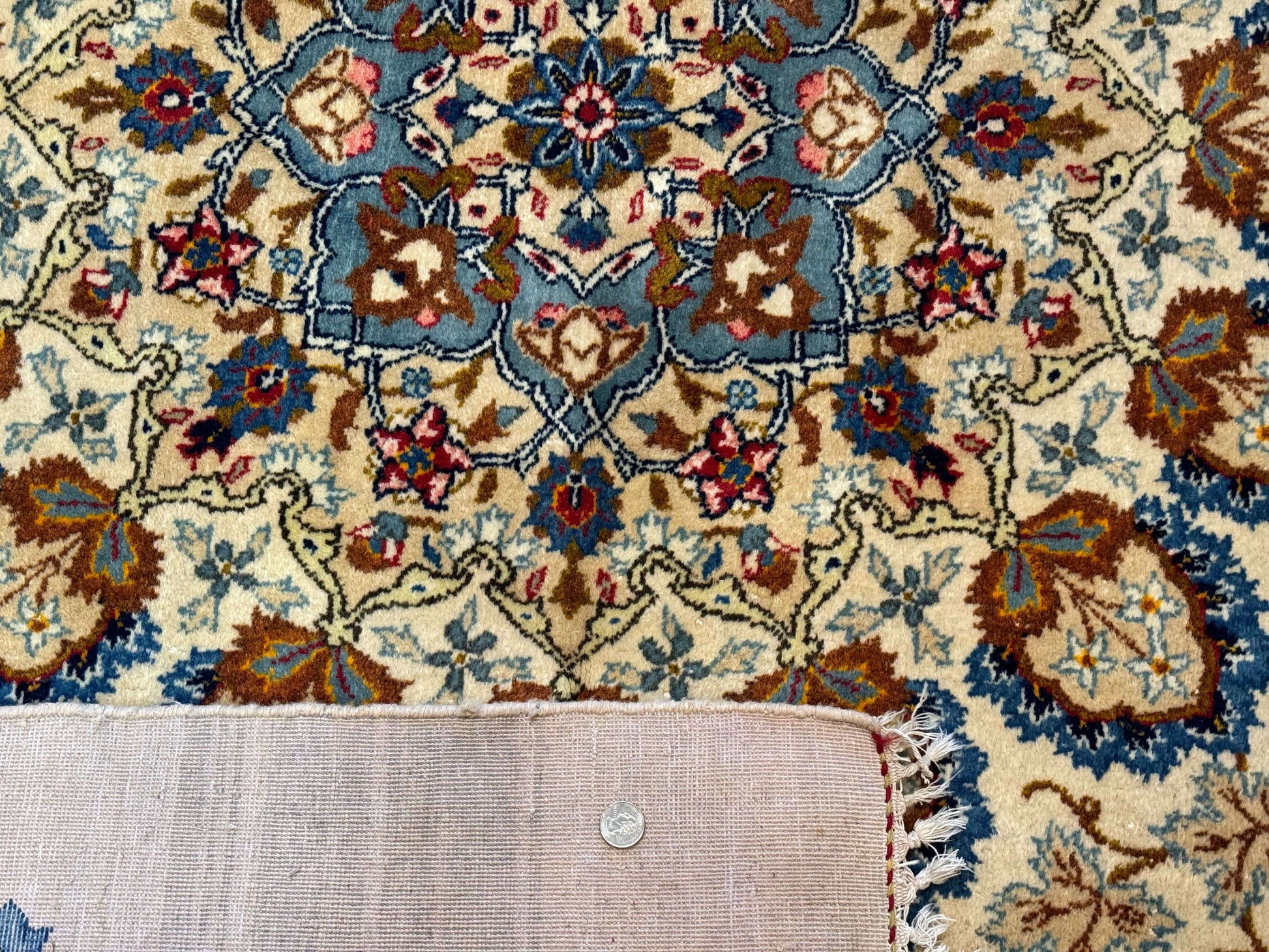 Persian Kashan Rug 9 x 12.6, Ivory and Blue, Floral Medallion, Wool Hand Knotted Semi Antique Carpet - Nuvé