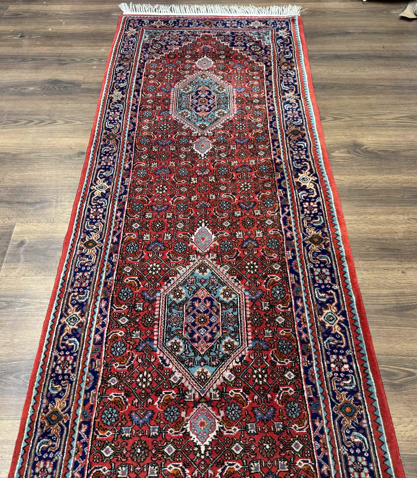 Indo Persian Bidjar Runner Rug 3 x 18.6, Red Navy Blue, Long Runner, Wool Oriental Carpet - Nuvé