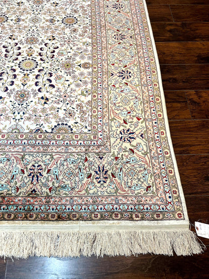 Wonderful Silk Hereke Rug 8x12, Silk Pile on Silk Foundation, Ivory/Cream, Floral Pattern, Handmade, Vintage - Nuvé