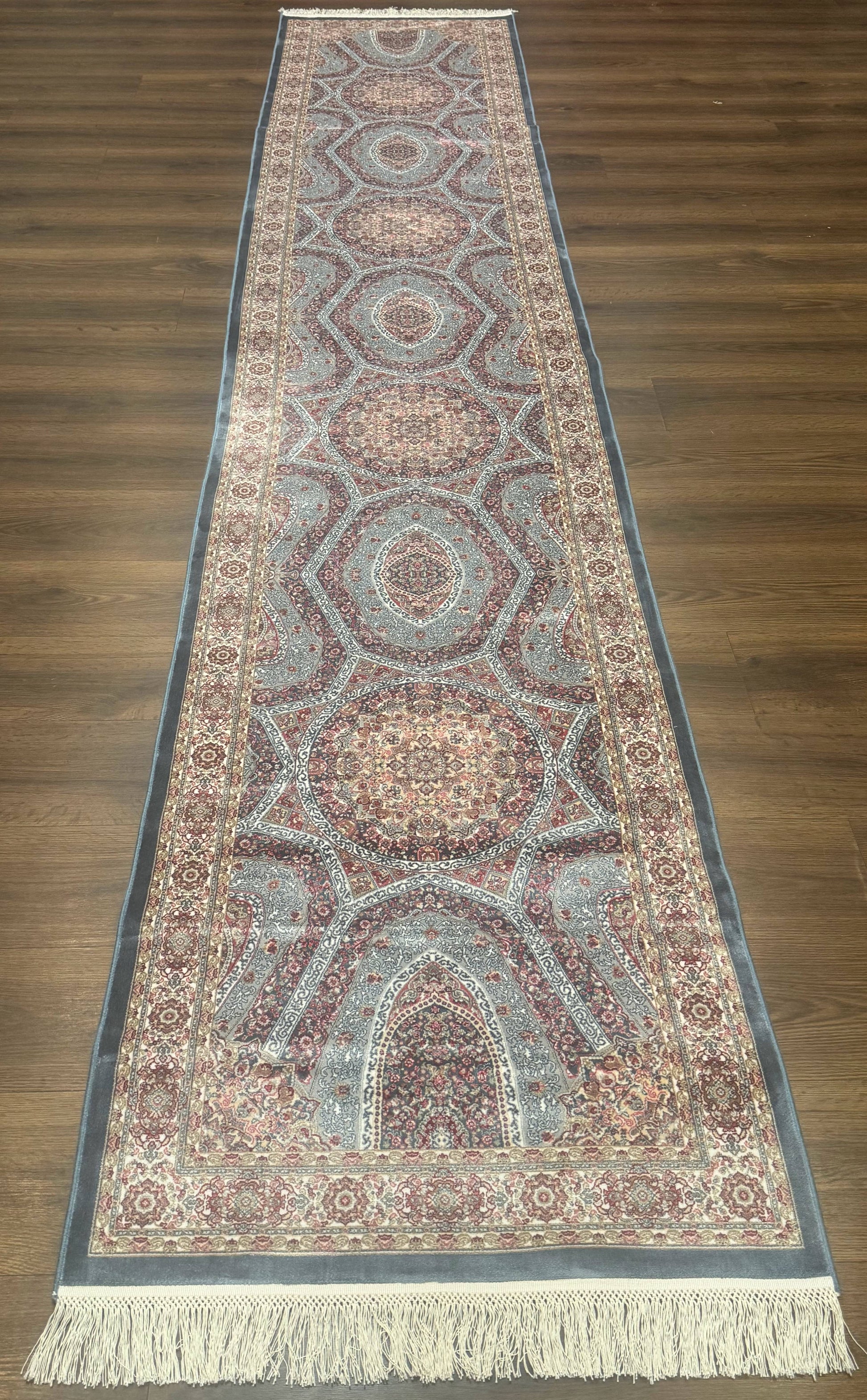 Turkish Silk Runner Rug 2.6 x 13, Blue Runner Rug, Dome Design, Bamboo Silk, New - Nuvé
