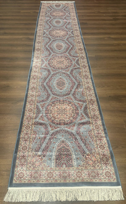 Turkish Silk Runner Rug 2.6 x 13, Blue Runner Rug, Dome Design, Bamboo Silk, New - Nuvé