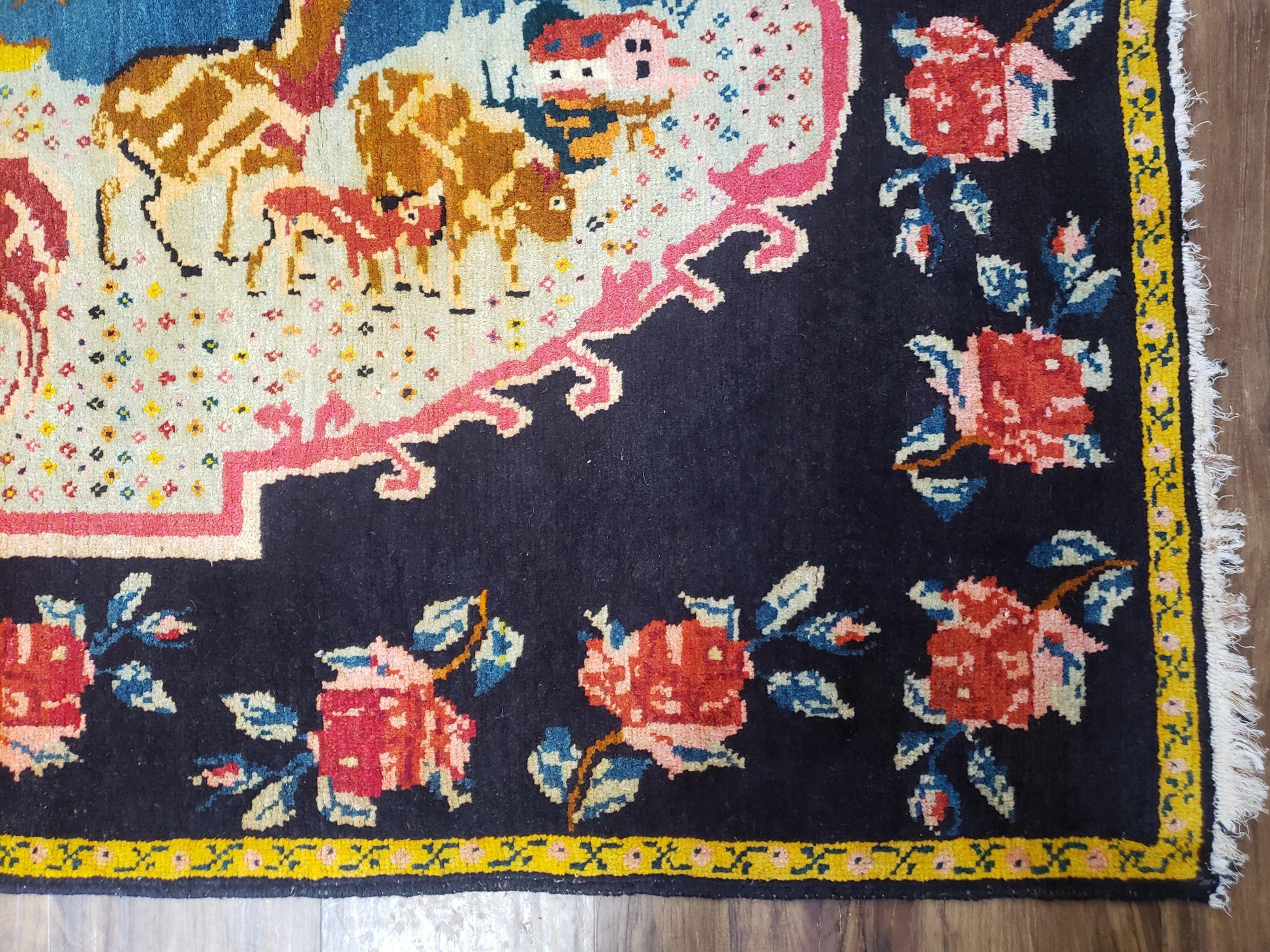 Antique Persian Pictorial Rug 4'6" x 9', Wool Hand-Knotted Blue Roses Karabagh Caucasian Carpet, 1920s Girl Deer Tapestry Wall Hanging Rug - Nuvé