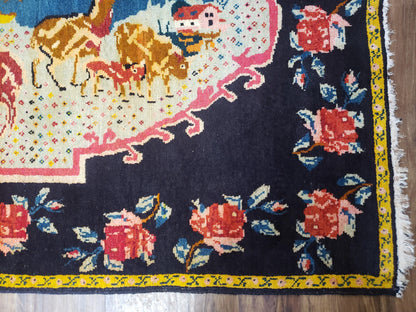 Antique Persian Pictorial Rug 4'6" x 9', Wool Hand-Knotted Blue Roses Karabagh Caucasian Carpet, 1920s Girl Deer Tapestry Wall Hanging Rug - Nuvé