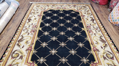 Nepal Rug 6x9, New Aubusson Nepalese Tibetan Carpet 6'1" x 8' 8", Hand-Knotted Wool, Unused, Black & Cream, Savonnerie Pattern, Soft Pile - Nuvé