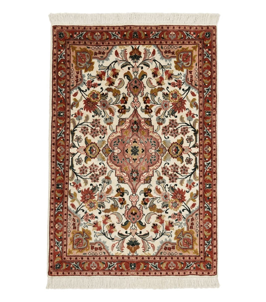 Small Persian Tabriz Rug 2x3, Floral Medallion, Wool and Silk, 340 KPSI