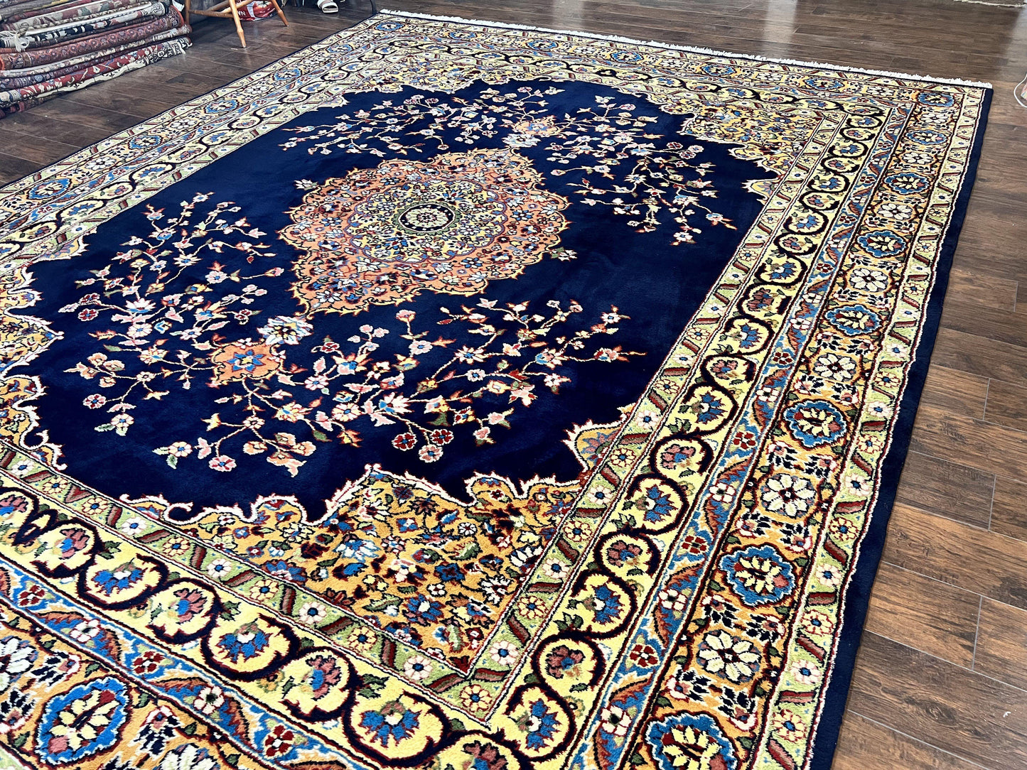 Indo Persian Rug 12x15, Mahal Sarouk Rug 12 x 15, Wool Hand Knotted Vintage Carpet, Navy Blue, Oversized Rug, Center Medallion - Nuvé
