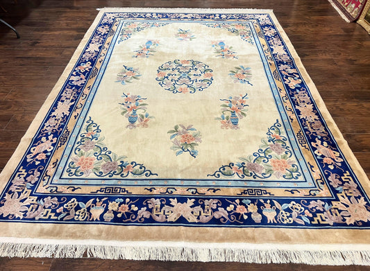 Chinese Wool Rug 8x11, Peking Asian Oriental Carpet, Cream/Ivory and Blue, Vintage Handmade Rug, Art Deco Rug - Nuvé