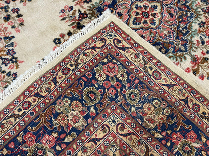 Persian Rug 9x10, Hamadan Rug, Antique Oriental Carpet, Wool Rug, Semi Open Field, Cream and Navy Blue, Kirman Design Hand Knotted Almost Square Rug - Nuvé