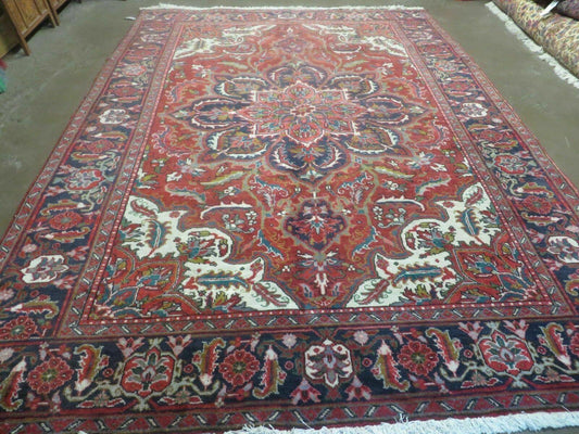 Persian Heriz Rug 7.5 x 10, Room Sized Heriz Ahar Carpet, Semi Antique Vintage Floral Large Medallion Rug, Red and Navy Blue, Hand Knotted Wool Rug - Nuvé