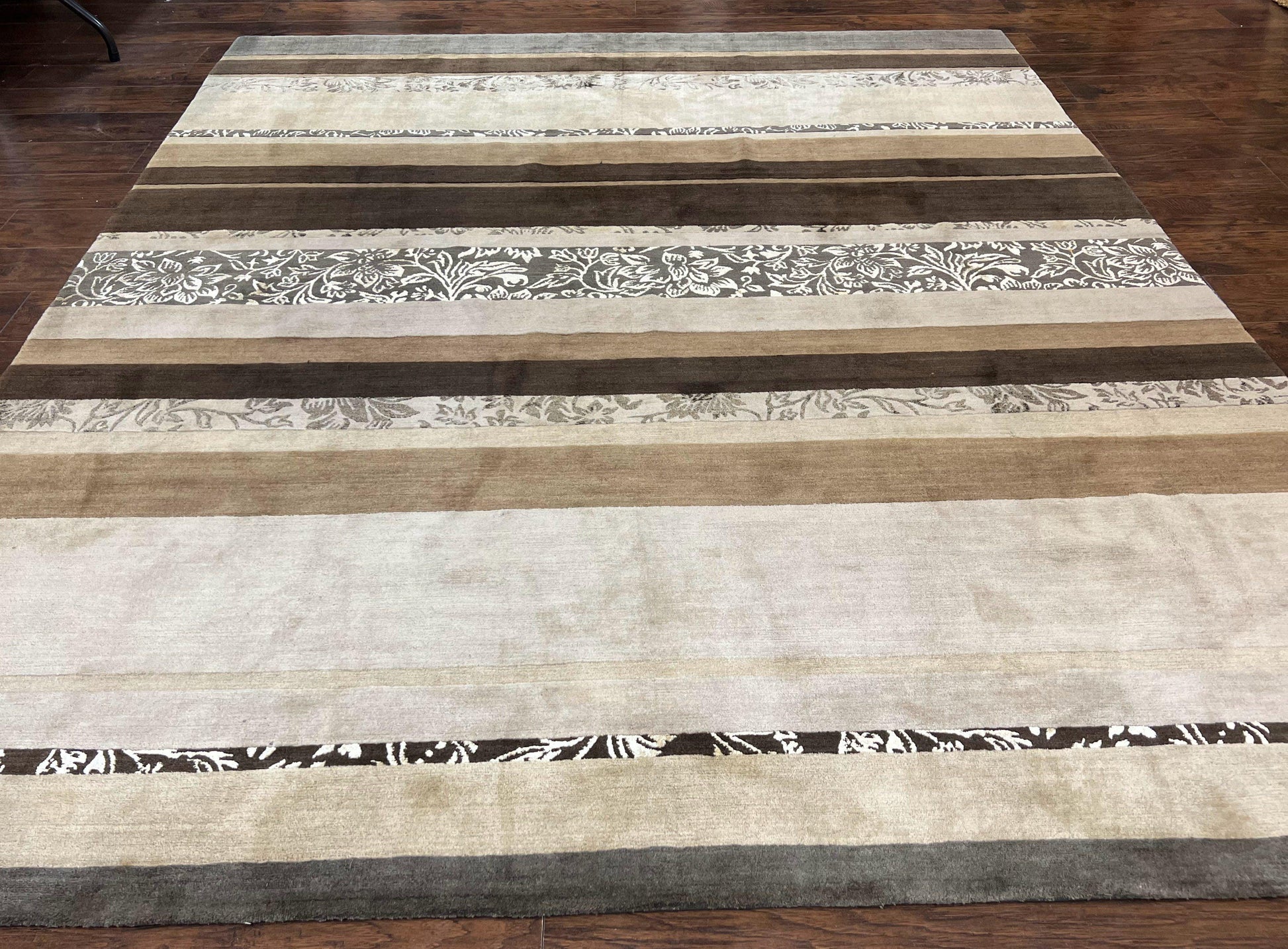 Modern Tibetan Nepali Rug 8x12, Stripe Pattern, Wool with Silk Highlights, Handmade, Beige Tan Brown - Nuvé