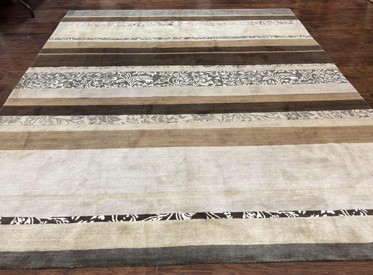 Modern Tibetan Nepali Rug 8x12, Stripe Pattern, Wool with Silk Highlights, Handmade, Beige Tan Brown - Nuvé