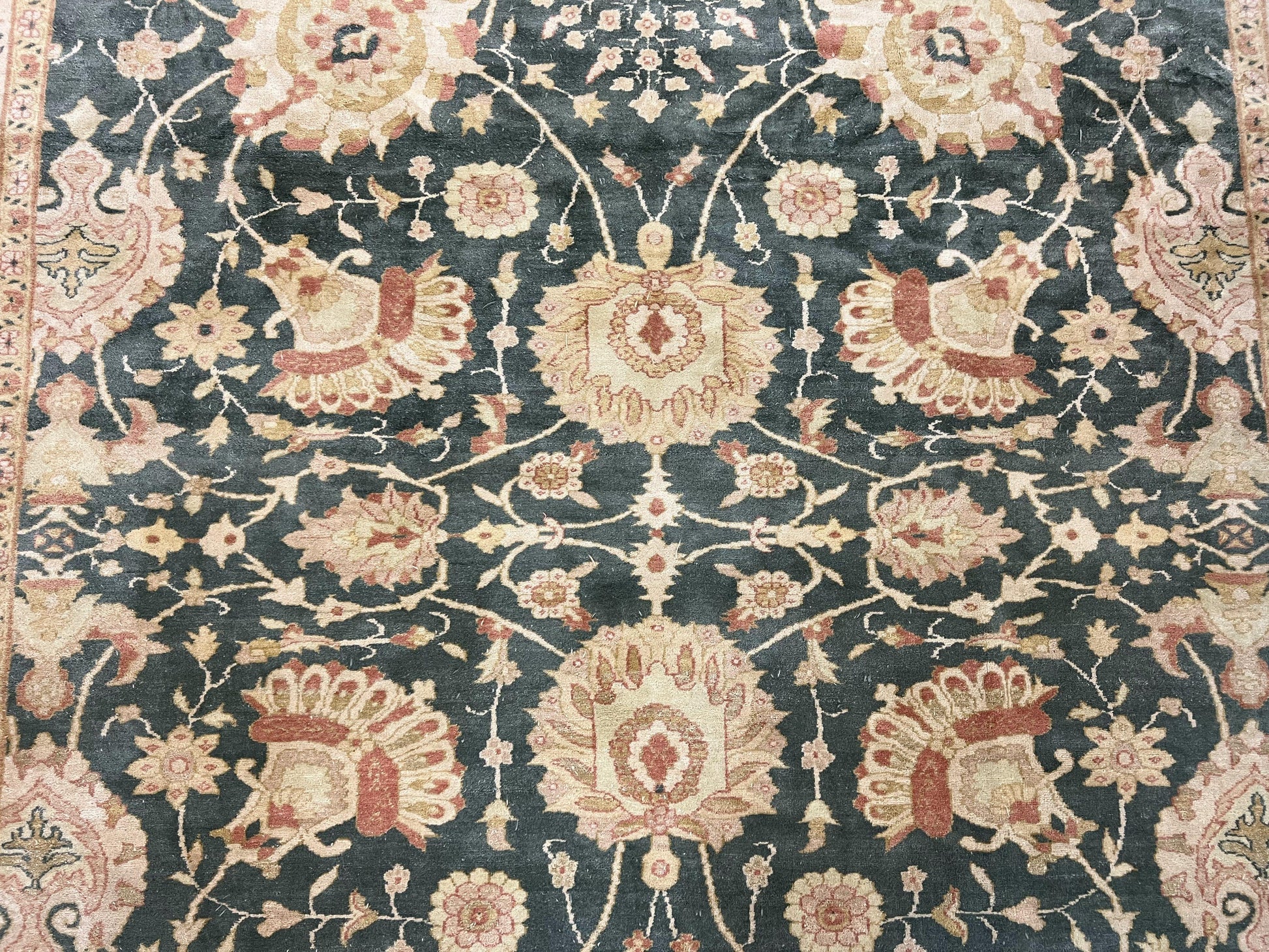 Egyptian Mahal Rug 10x14, Large Vintage Floral Hand Knotted Wool Carpet 10 x 14, Dark Green and Beige Traditional Handmade Persian Area Rug - Nuvé