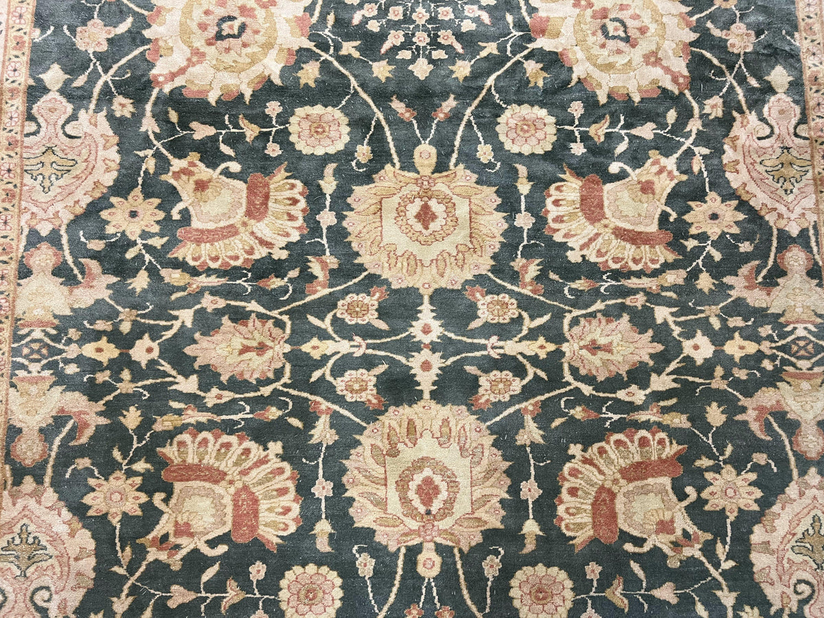 Egyptian Mahal Rug 10x14, Large Vintage Floral Hand Knotted Wool Carpet 10 x 14, Dark Green and Beige Traditional Handmade Persian Area Rug