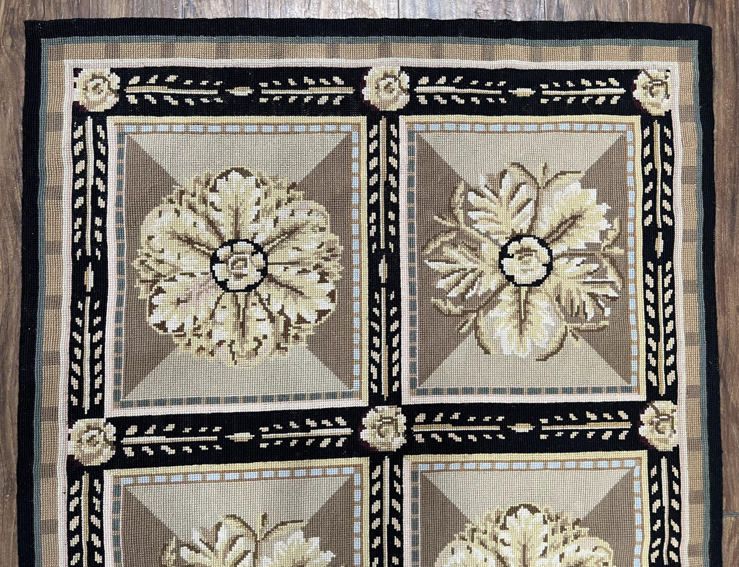 Needlepoint Runner Rug 3x8 Panel Design Rug, Flatweave Runner Rug, English Design, Floral, Short Runner Rug, Black and Beige Wool Hand-Woven - Nuvé