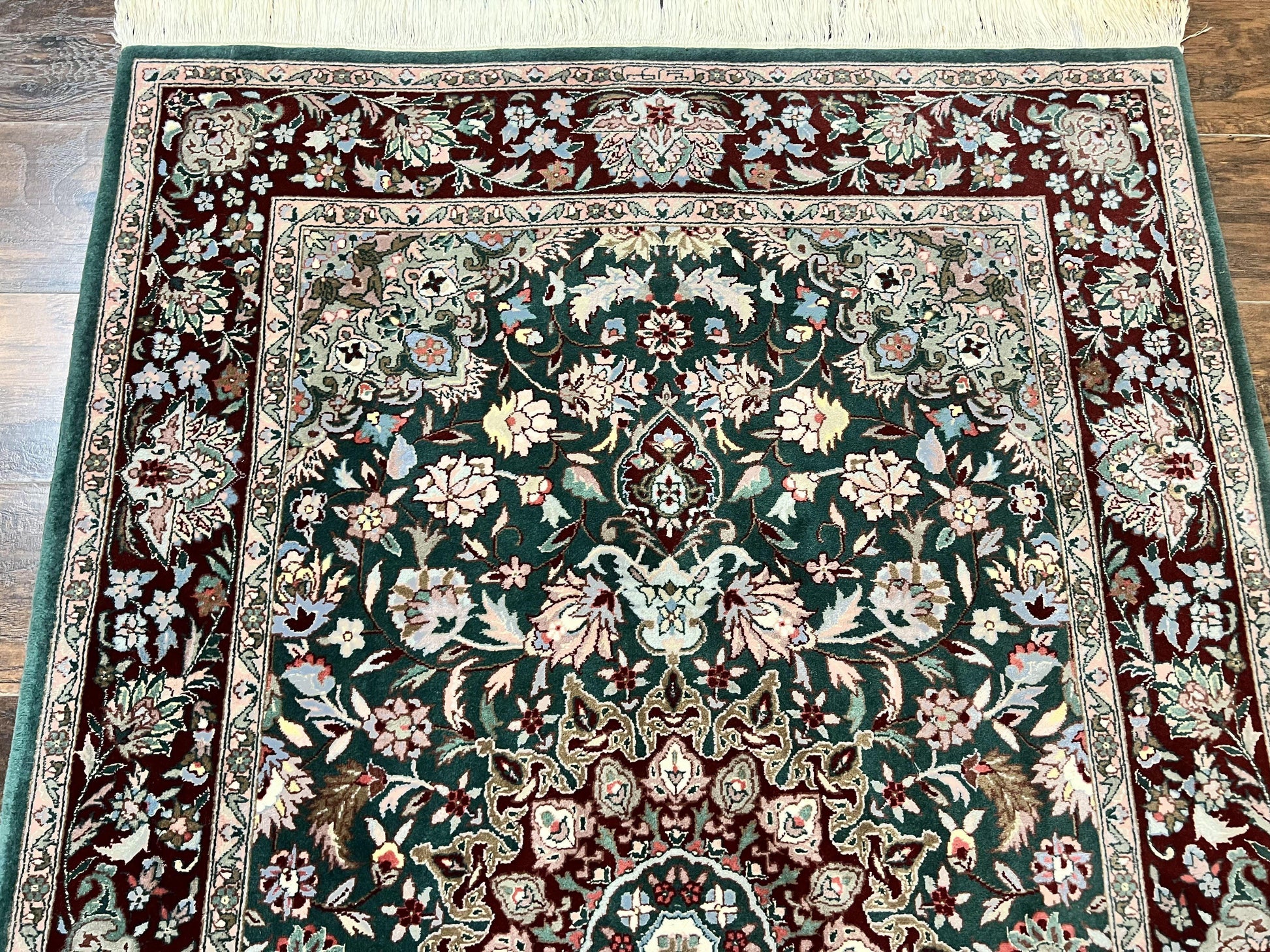 Pak Persian Rug 4x6, Wool Hand Knotted Vintage Carpet, Dark Green, Floral Medallion, Fine Oriental Rug - Nuvé