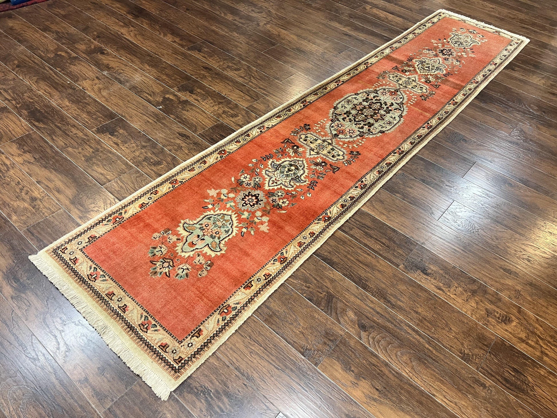 Persian Tabriz Runner Rug 3 x 12, Vintage Hand Knotted Wool Oriental Hallway Carpet, Light Red Beige Tan, Fine Weave, Semi Open Field, Traditional - Nuvé