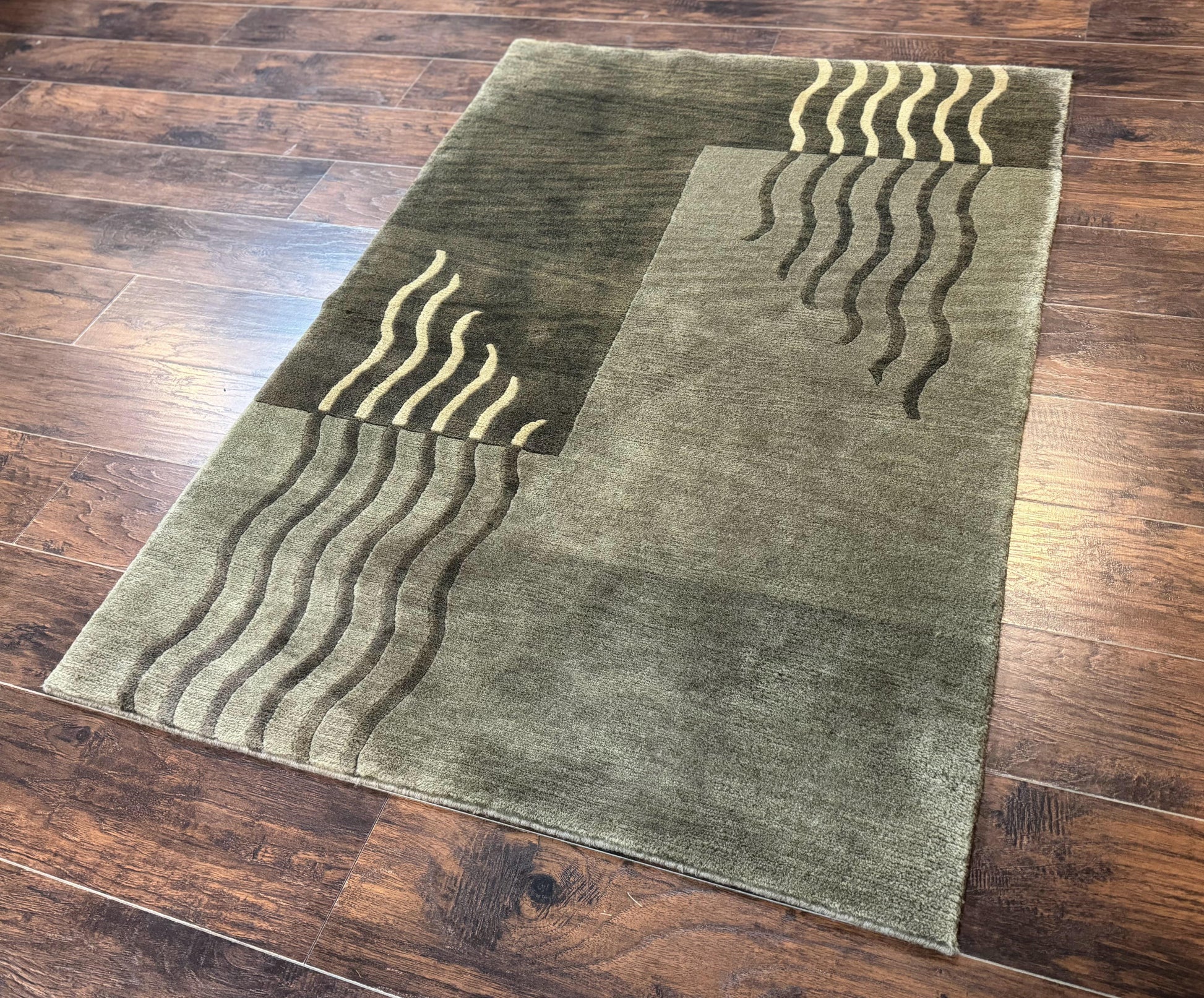 Modern Tibetan Wool Rug 3.6 x 5.6, Shades of Green, Abstract Design - Nuvé