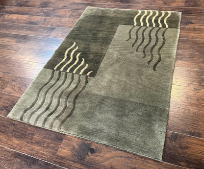 Modern Tibetan Wool Rug 3.6 x 5.6, Shades of Green, Abstract Design - Nuvé