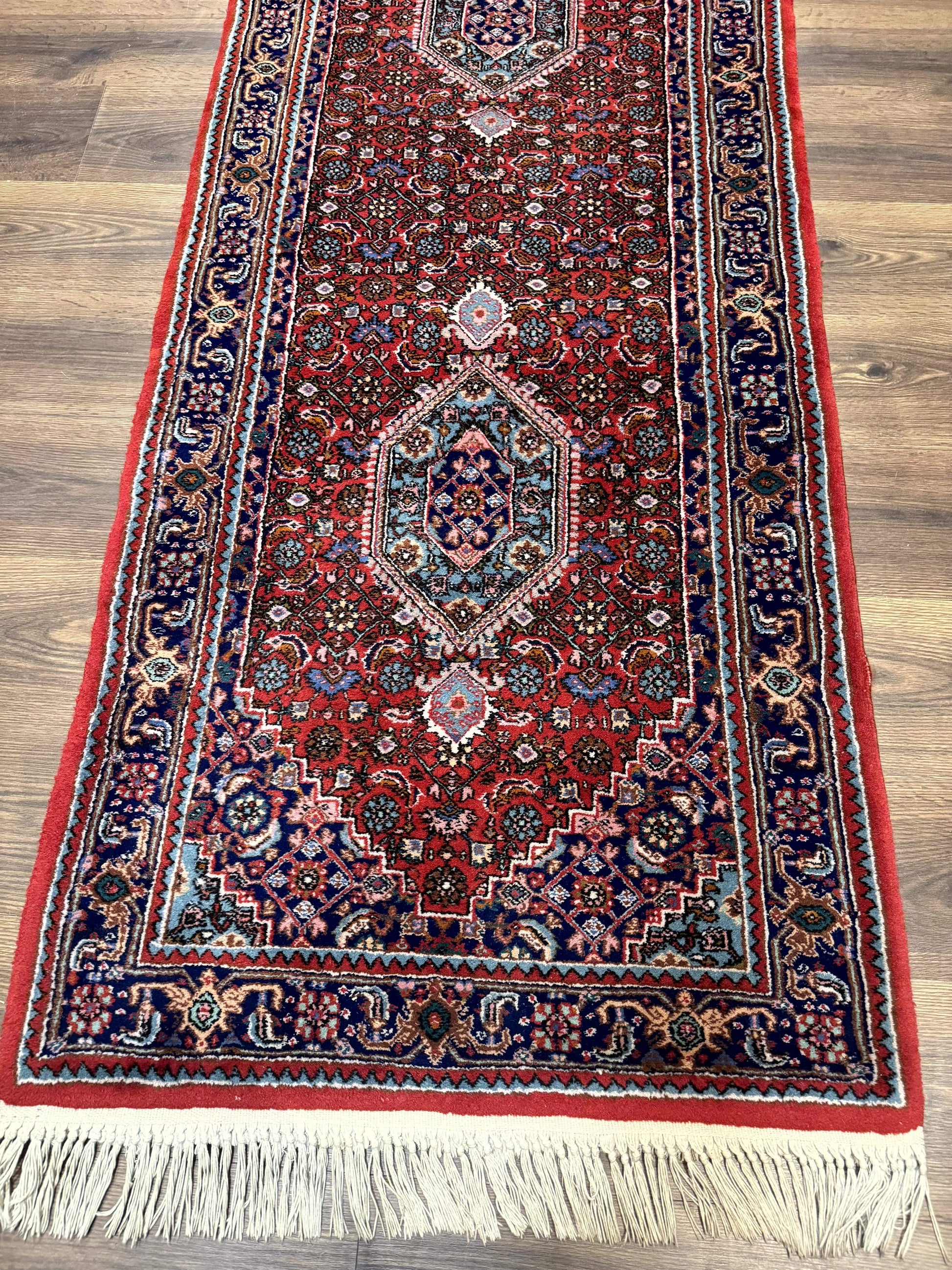 Indo Persian Bidjar Runner Rug 3 x 18.6, Red Navy Blue, Long Runner, Wool Oriental Carpet - Nuvé