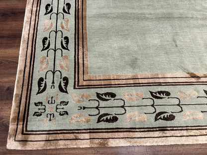 Palace Size Nepali Rug 9x18, Open Field, Light Mint Green, Wool Hand Knotted, Modern Contemporary - Nuvé
