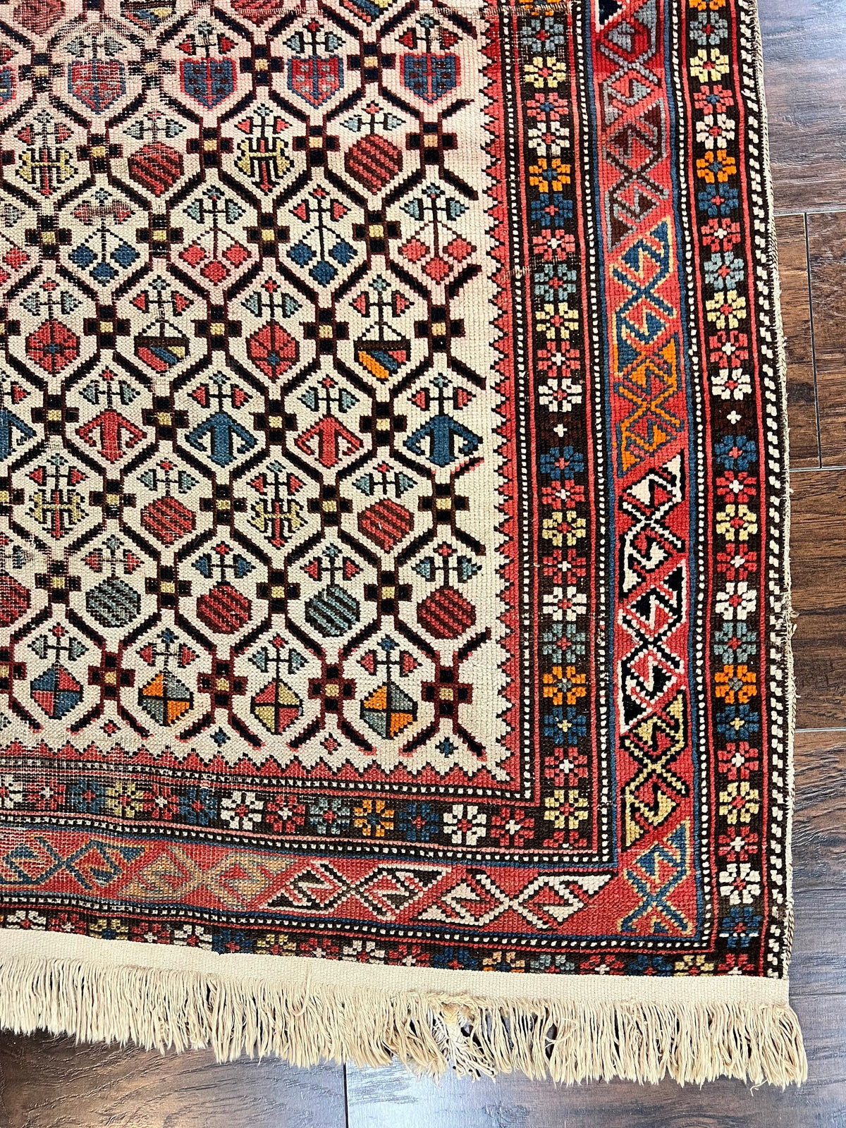 Antique Caucasian Rug 4x5, Hand Knotted Handmade Shirvan Oriental Carpet, Ivory Red Rug Allover Pattern, Rare Wool Rug, Tribal Geometric Rug